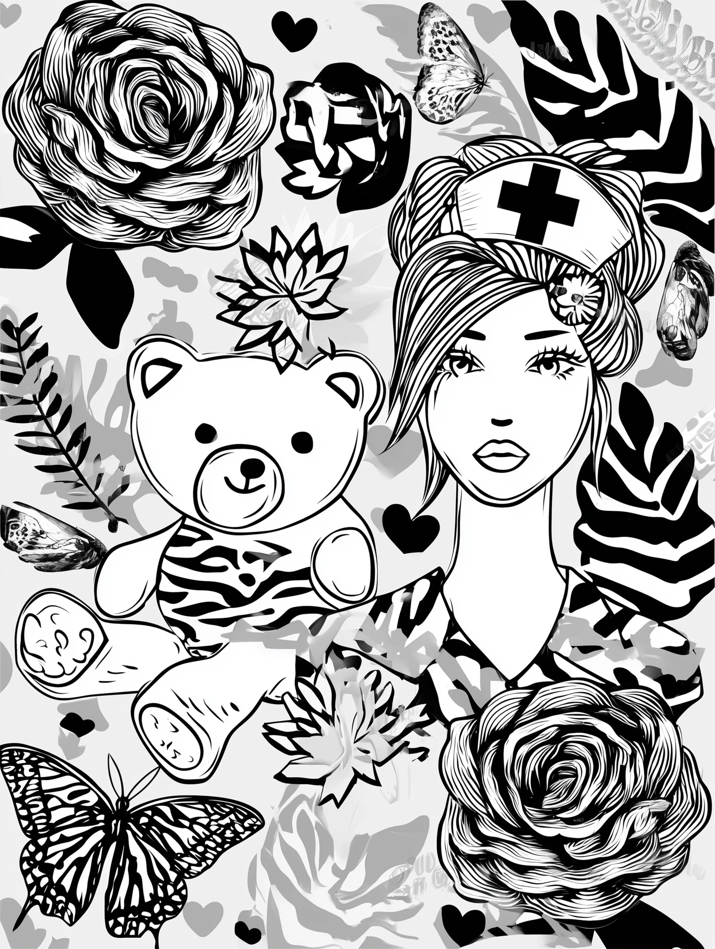 Free printable nursing coloring page for adults featuring a nurse and a teddy bear